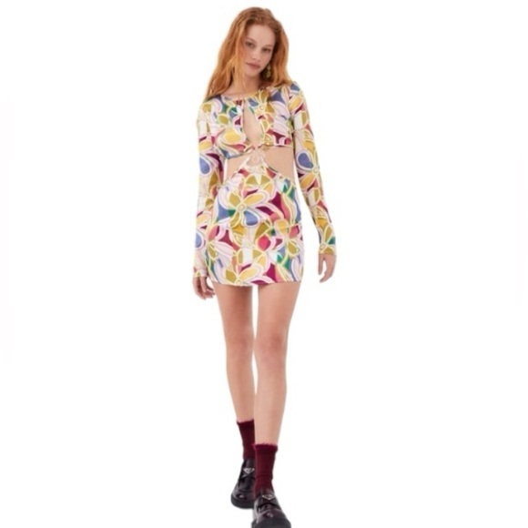 For Love & Lemons Colorful Thora Long Sleeve Mini Dress US XS - Picture 2 of 12